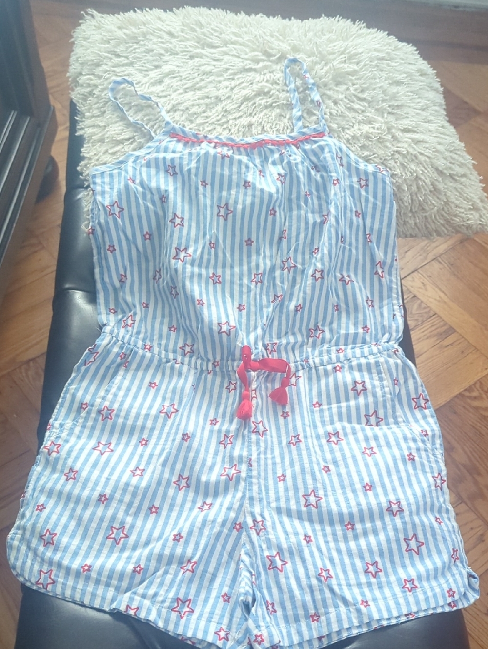 Cat & Jack Blue and White Striped Star Print Romper with Red Accents